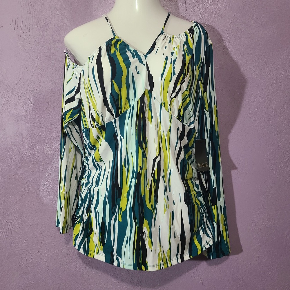 Bold Elements‎ Cold One Shoulder Long Sleeve Green White Print Ruched Top XL NWT
